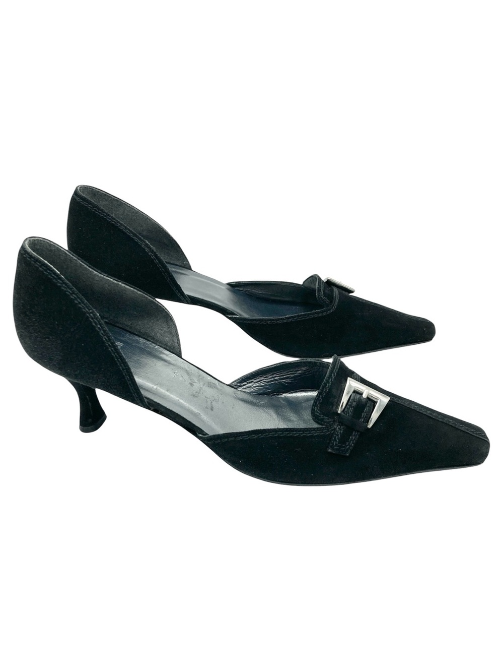 Stuart Weitzman Suede Buckle Detail Snip Toe Kitten Heels